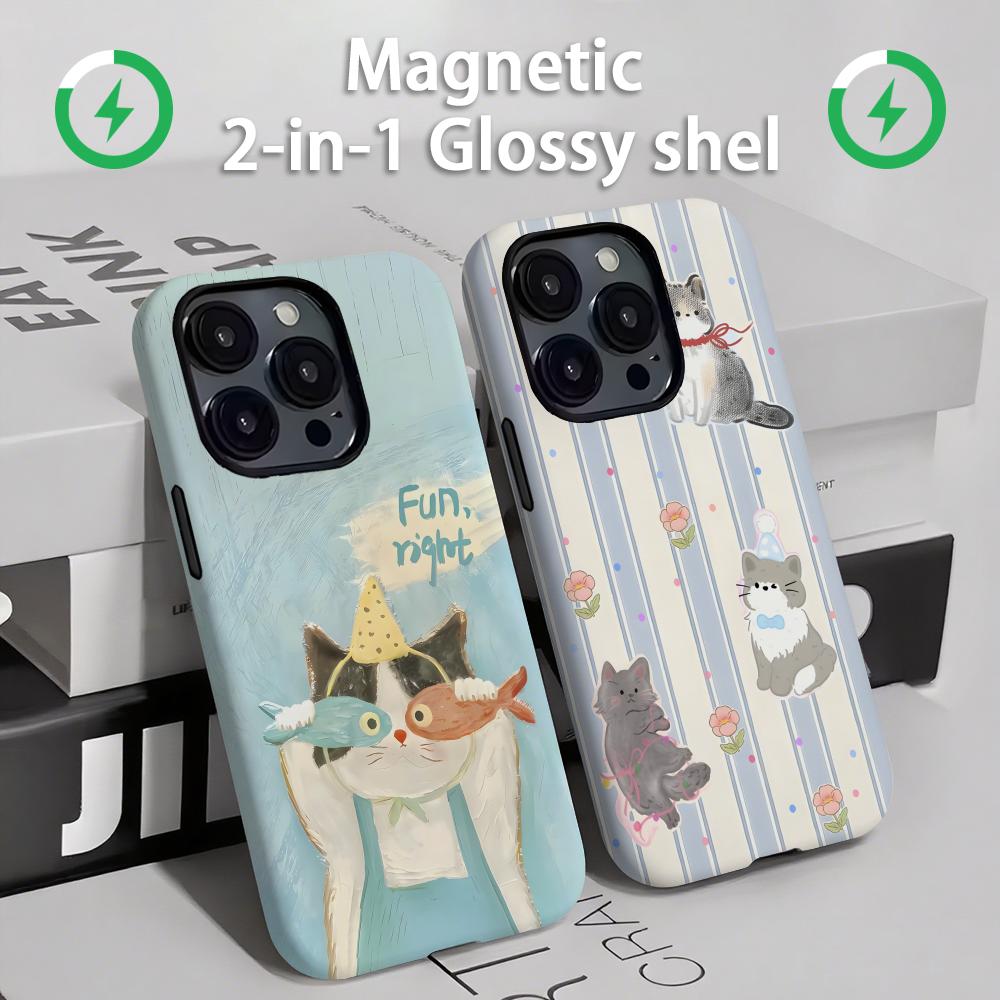 Phone Cases Mous - แมวและสุนัขน่ารักเคสโทรศัพท์แม่เหล็ก 2-in-1 Glossy SHELL สําหรับ iPhone