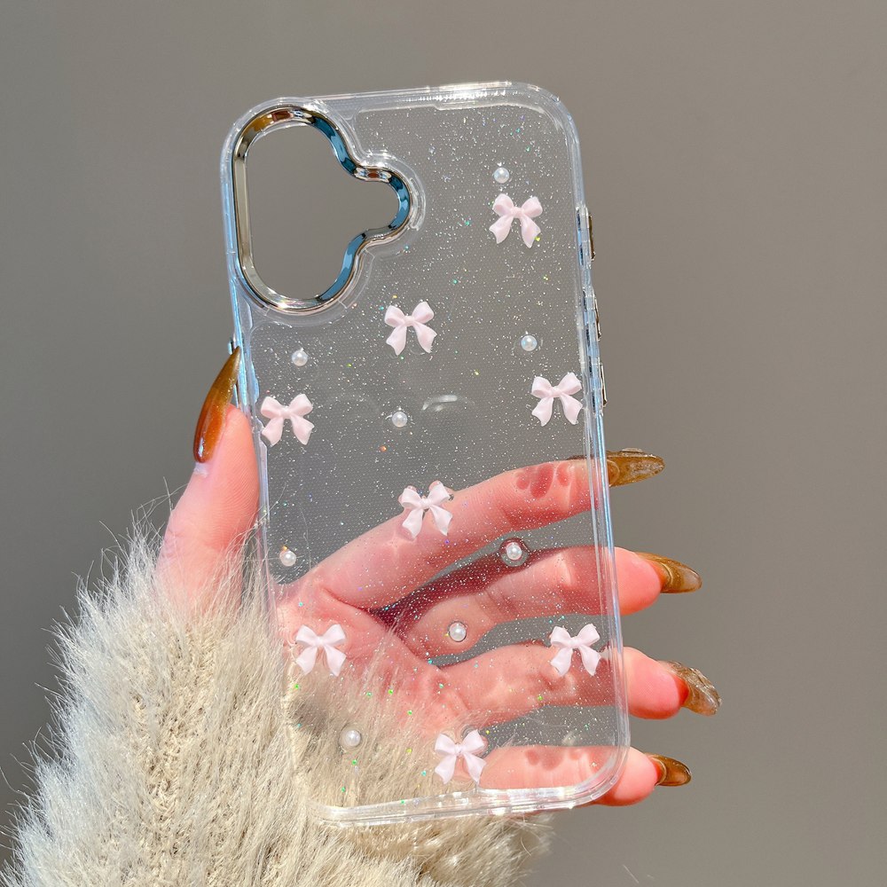 Phone Cases Pinterest - เคสโทรศัพท์สีใสแวววาวลูกปัดโบว์สีชมพูน่ารักเกาหลีสำหรับ iPhone 16 11 12 13