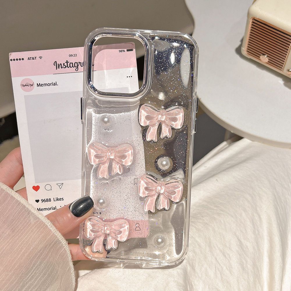 Phone Cases Pinterest - เกาหลีน่ารัก3DสีชมพูBowknot Pearl Clearเคสโทรศัพท์สําหรับiPhone 16 15 14