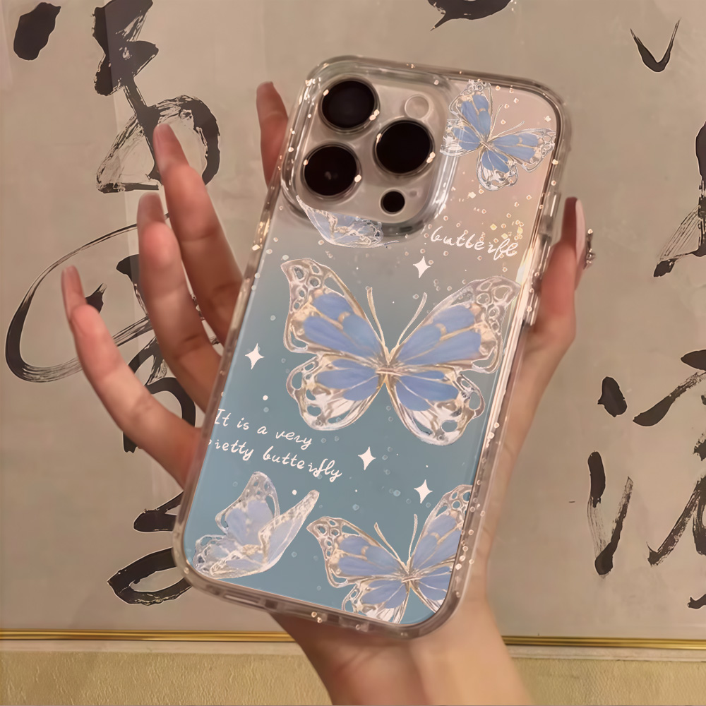 Phone Cases For Iphone 11 - เคสโทรศัพท์ใสลายผีเสื้อสีน้ำเงินหรูหรา พร้อมกลิตเตอร์ สำหรับ iPhone 17 13