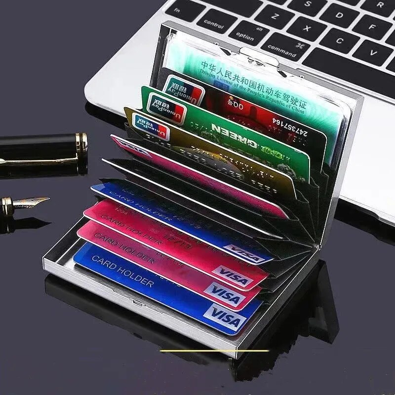 Slim Card Slot Case - 10 ช่องสแตนเลสผู้ถือบัตรเครดิตผู้ชาย Slim Anti RFID Travel